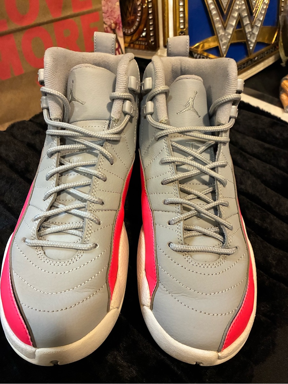 Jordan Kids High-Top Sneakers in Gray with Pink Accents